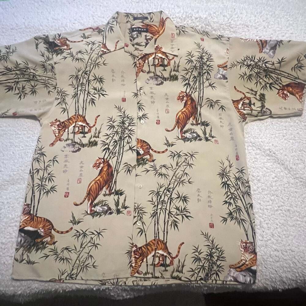 Vintage Koman Sport Tiger & Bamboo All Over Print Button Up Hawaiian Shirt Size